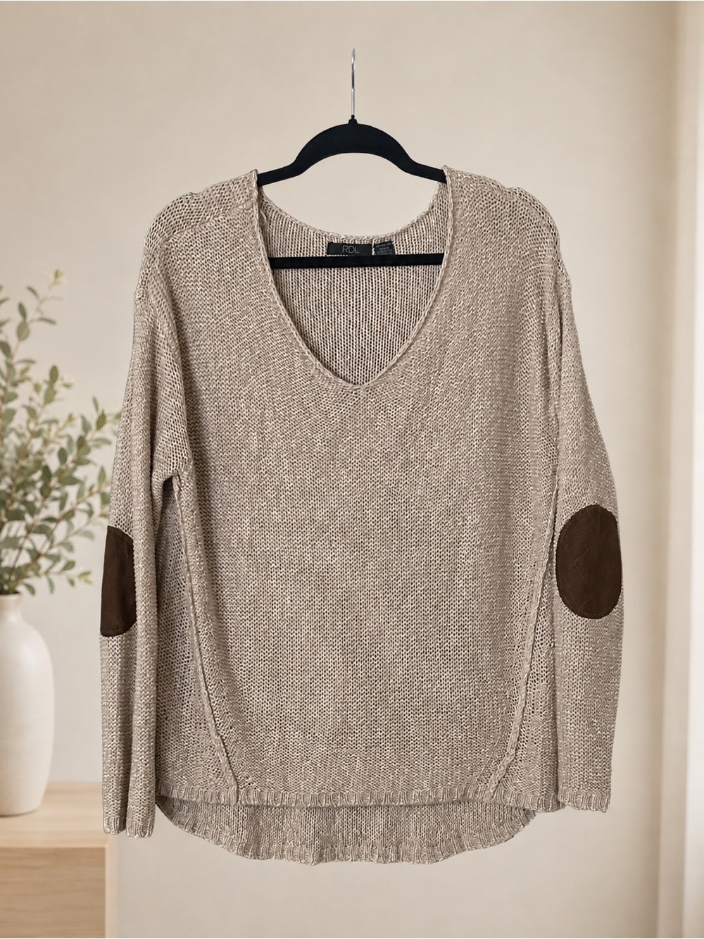 RDI Women’s XL Beige Knit Sweater Brown Elbow Patches Hi Low Hem Cozy Fall